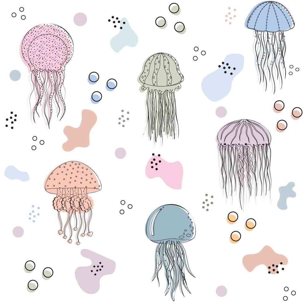 Pattern of seashells of different colors on a white background, vector illustration