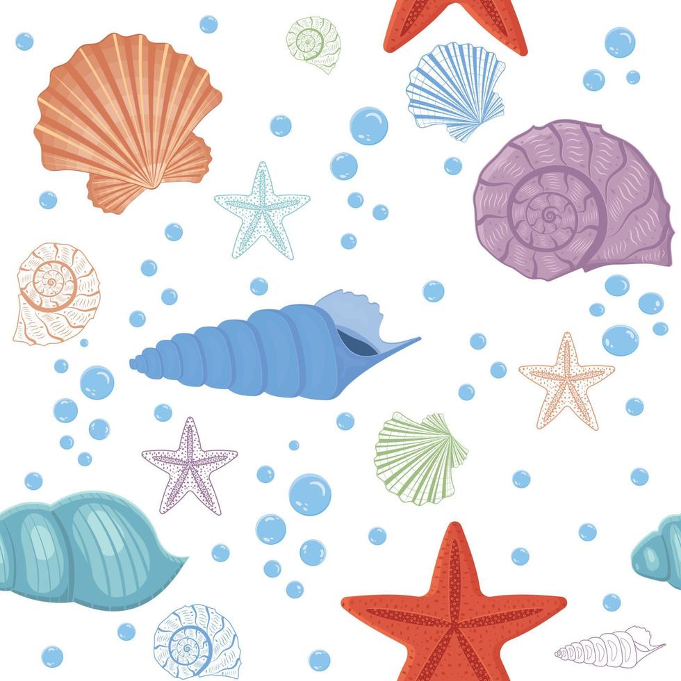 Pattern of seashells of different colors on a white background, vector illustration