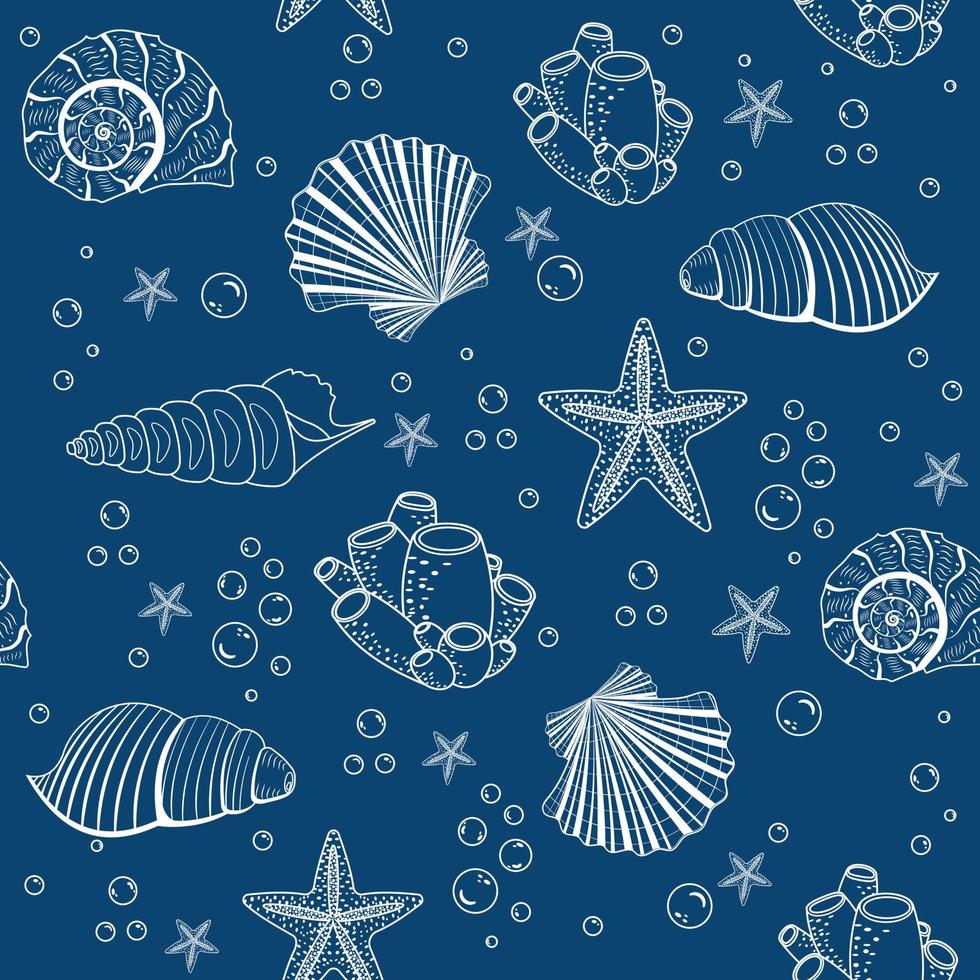 A pattern of seashells of different colors on a blue background, vector illustration