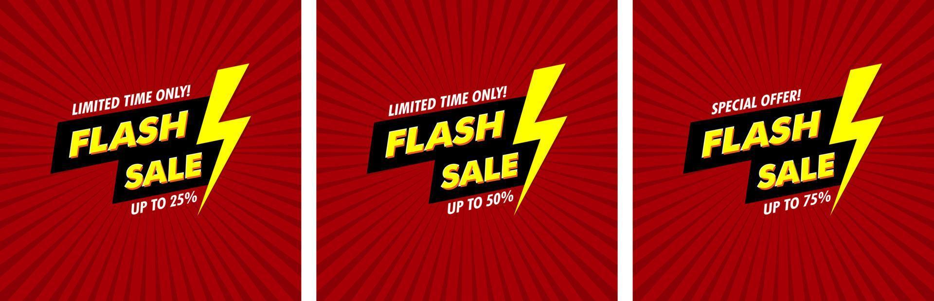 Flash Sale Banner for 25, 50, and 75 Discount with Thunder Symbol in Red Background and Comic Effect, EPS 10 Vector Isolated Suitable for Advertising, Banner, Poster Element