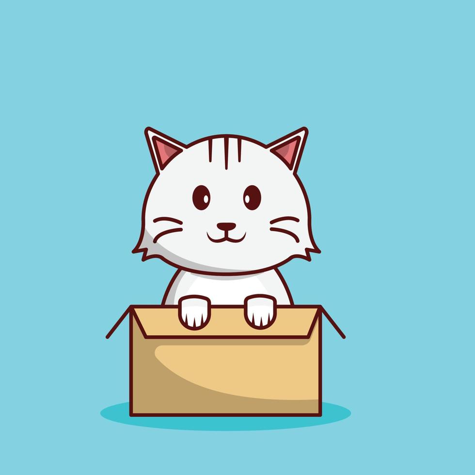 Cute Cat in Box Cartoon Illustration, Baby Animal, Kitten, Flat Style Vector Suitable for Web, Banner, Card, Greeting, Children, Book, Poster