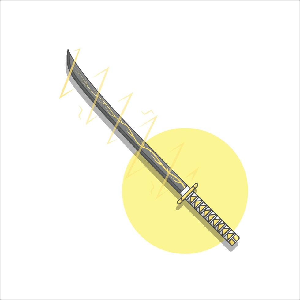Ilustración de vector de espada de trueno. arma japonesa. katana tradicional. estilo de dibujos animados planos adecuados para icono, página de inicio web, pancarta, volante, pegatina, tarjeta, fondo, camiseta, imágenes prediseñadas