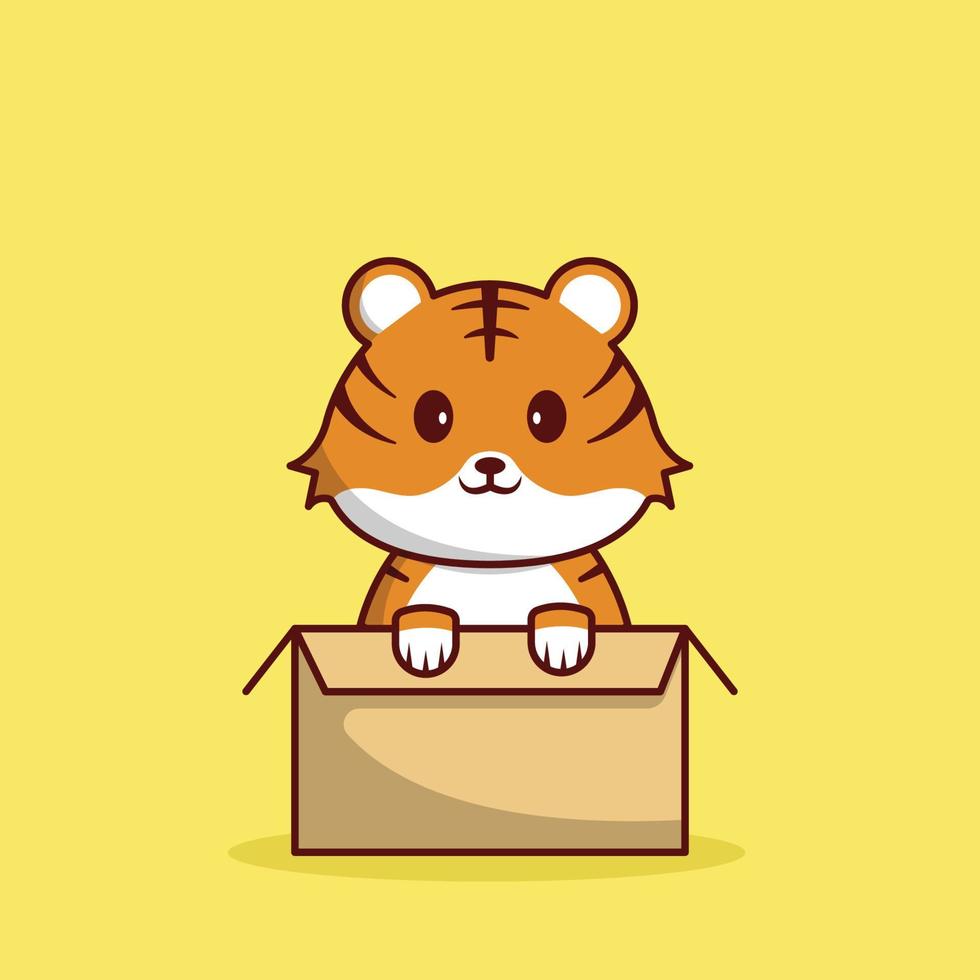 Cute Tiger in Box Vector Illustration. Animal. Baby. Flat Cartoon Style Suitable for Icon, Web Landing Page, Banner, Flyer, Sticker, Card, Background, T-Shirt, Clip-art