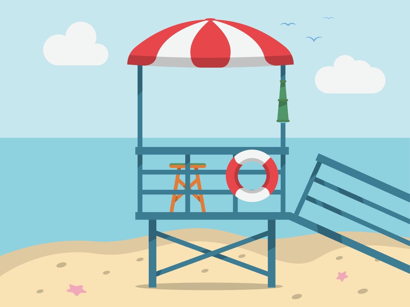 ilustración plana de la cabina de salvavidas. ilustración de verano de dibujos animados playa tranquila para carteles, pancartas, web vector