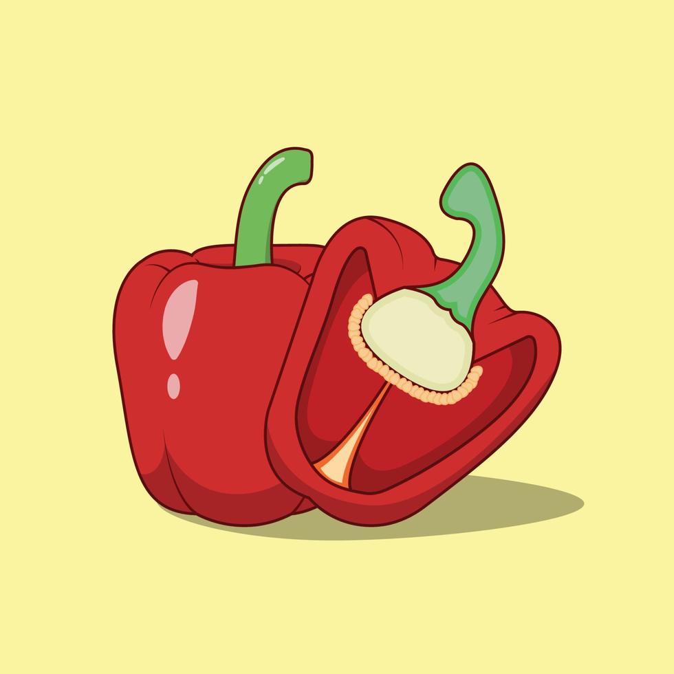 Ilustración de vector de pimiento. ingrediente de cocina entero y medio. estilo de dibujos animados planos adecuados para icono, página de inicio web, pancarta, volante, pegatina, tarjeta, fondo, camiseta, imágenes prediseñadas