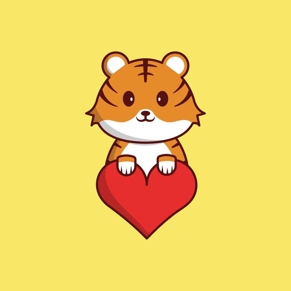 Cute Tiger Holding Heart Cartoon Illustration, Baby Animal, Flat Style Vector Suitable for Web, Banner, Card, Greeting, Children, Book, Poster
