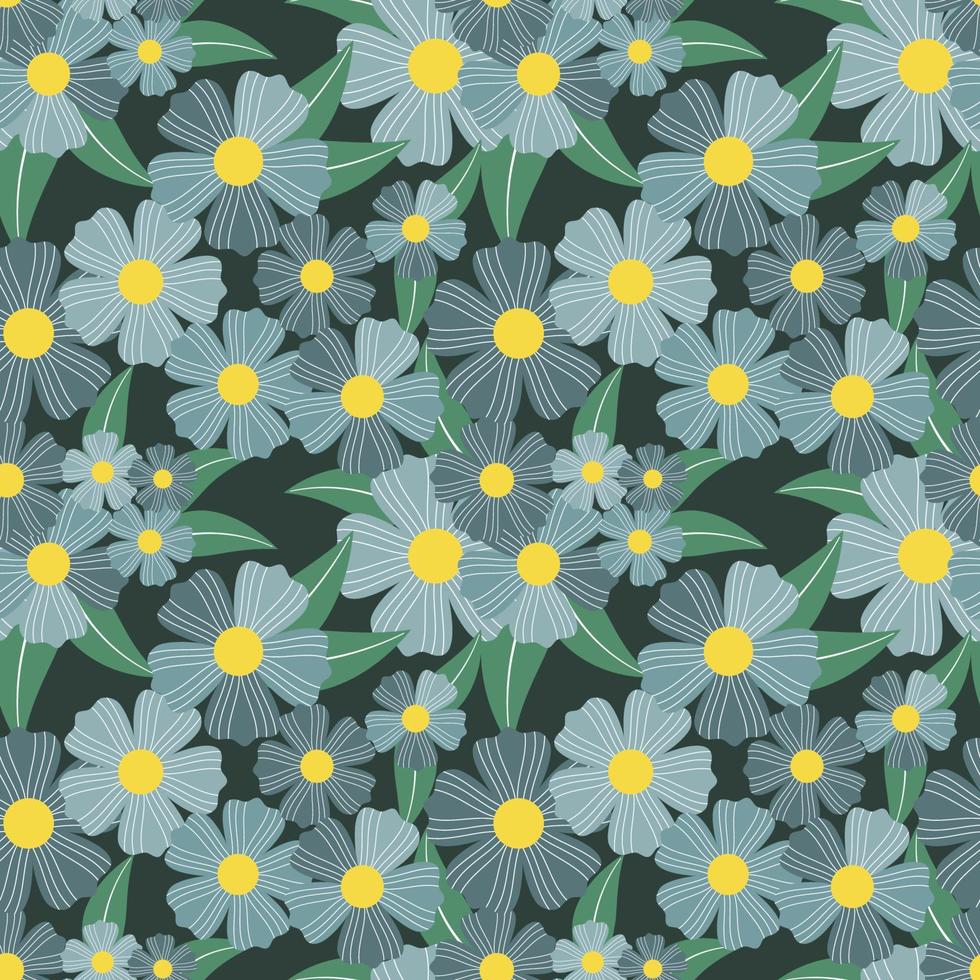 patrón botánico flores y hojas fondo verde vector