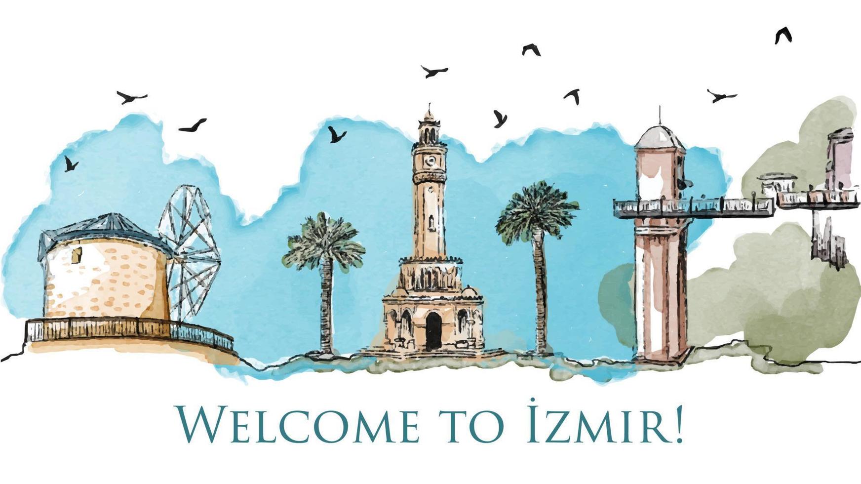 Watercolor abstract sketch of Izmir, Turkey. Clock of Konak, Asansor, Alacati view. Hand drawn famous turkish landmark, turkish sightseeing. Hand drawn sketch vector watercolor illustration.