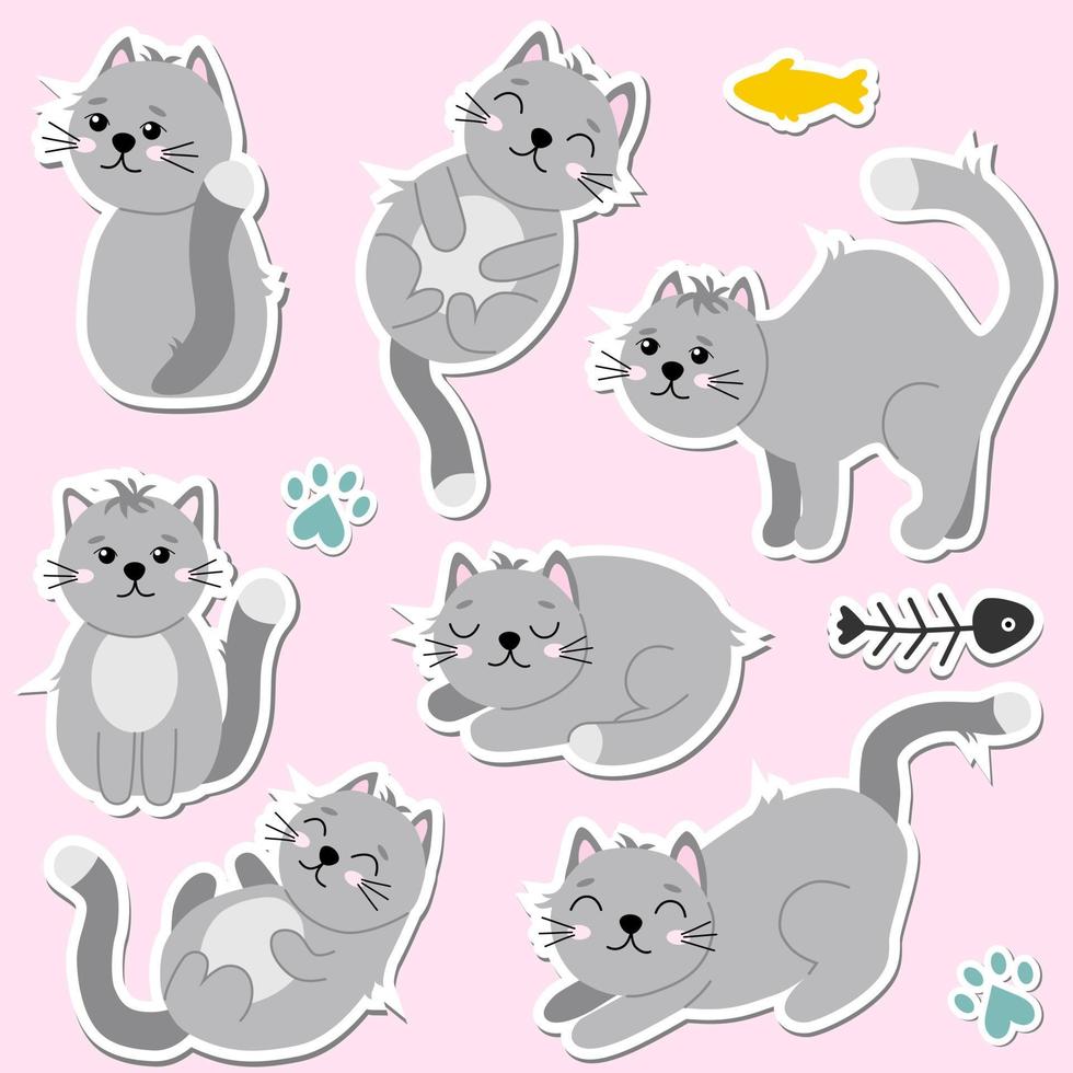 Cartoon cats set. Funny cats stickers in different poses. Vector illustration