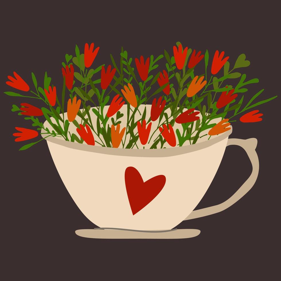 Herbal tea cup. Heart pattern. Spring flowers. Tea time. Vector isolated. Hand drawn.