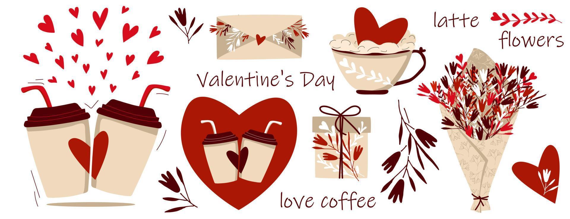 Coffee set Valentine's Day. Coffee in reusable glass, latte in cup. Gift and congratulatory, bouquet, envelope. Pattern flowers and heart. Vector isolated.