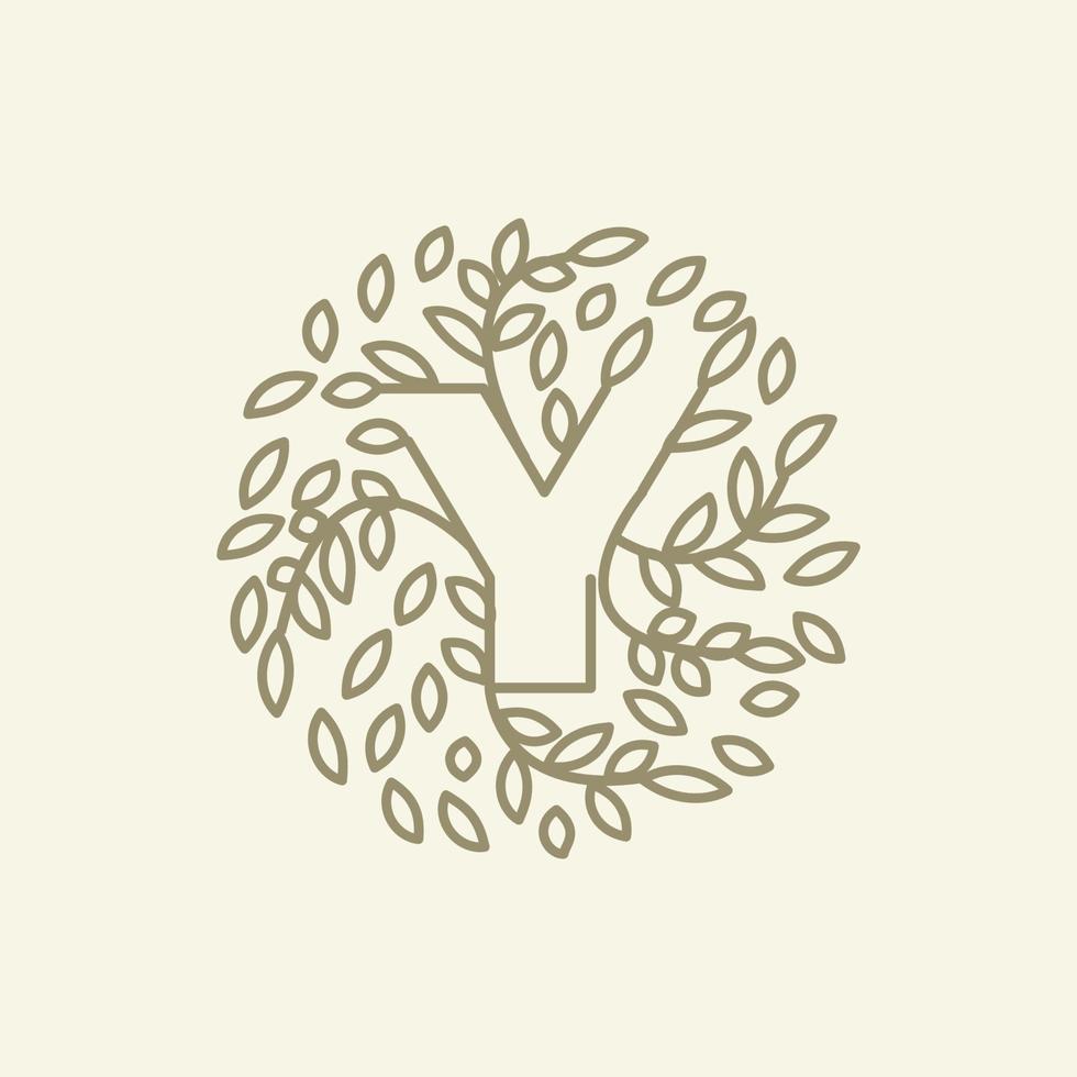 initial Y or letter Y with leaf  ornament on circle luxury modern logo vector icon illustration design