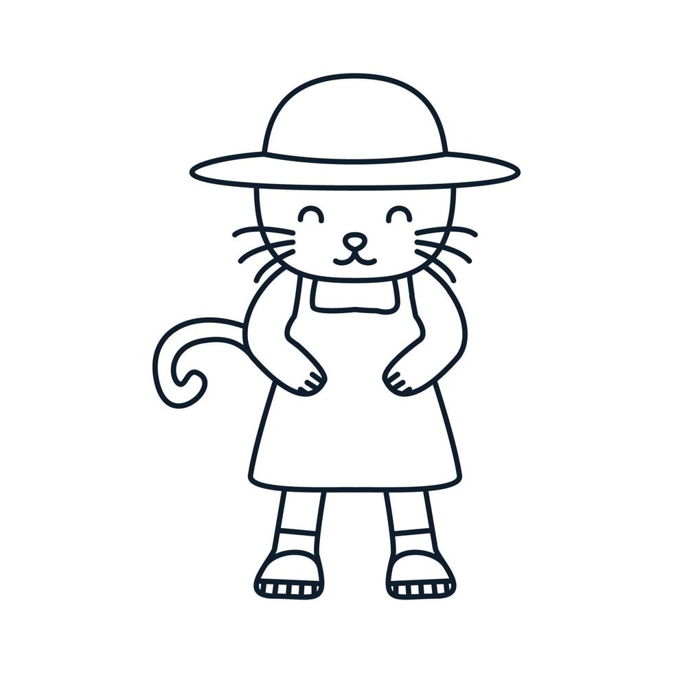 ilustración lindo animal de dibujos animados gato o gatito con sombrero línea logo icono vector