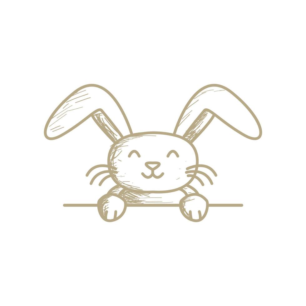 retro line rabbit or bunny with banner cute cartoon logo icon illustration vector