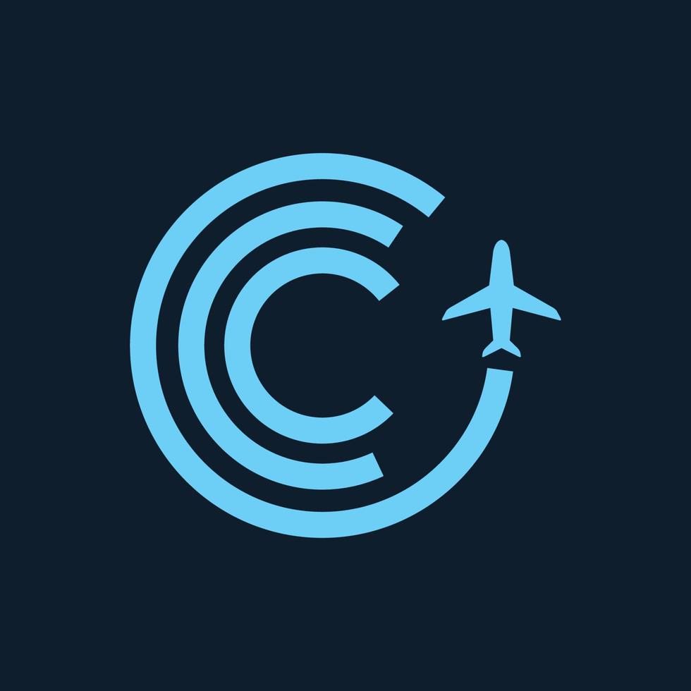letter C or circle lines with airplane fly travel transportation logo icon vector illustration design