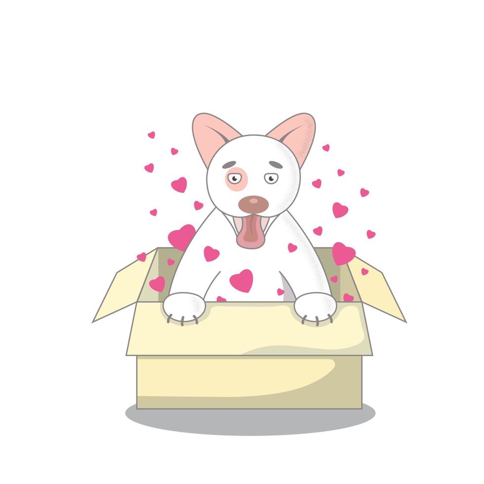 Vector white cartoon dog in a yellow box, pink hearts, flat vector, isolate on white background