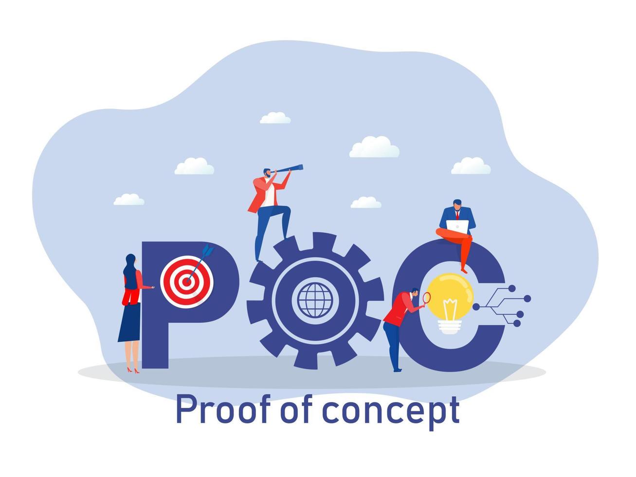 poc or proof of concept with big word or keyword and team business flat  vector illustration