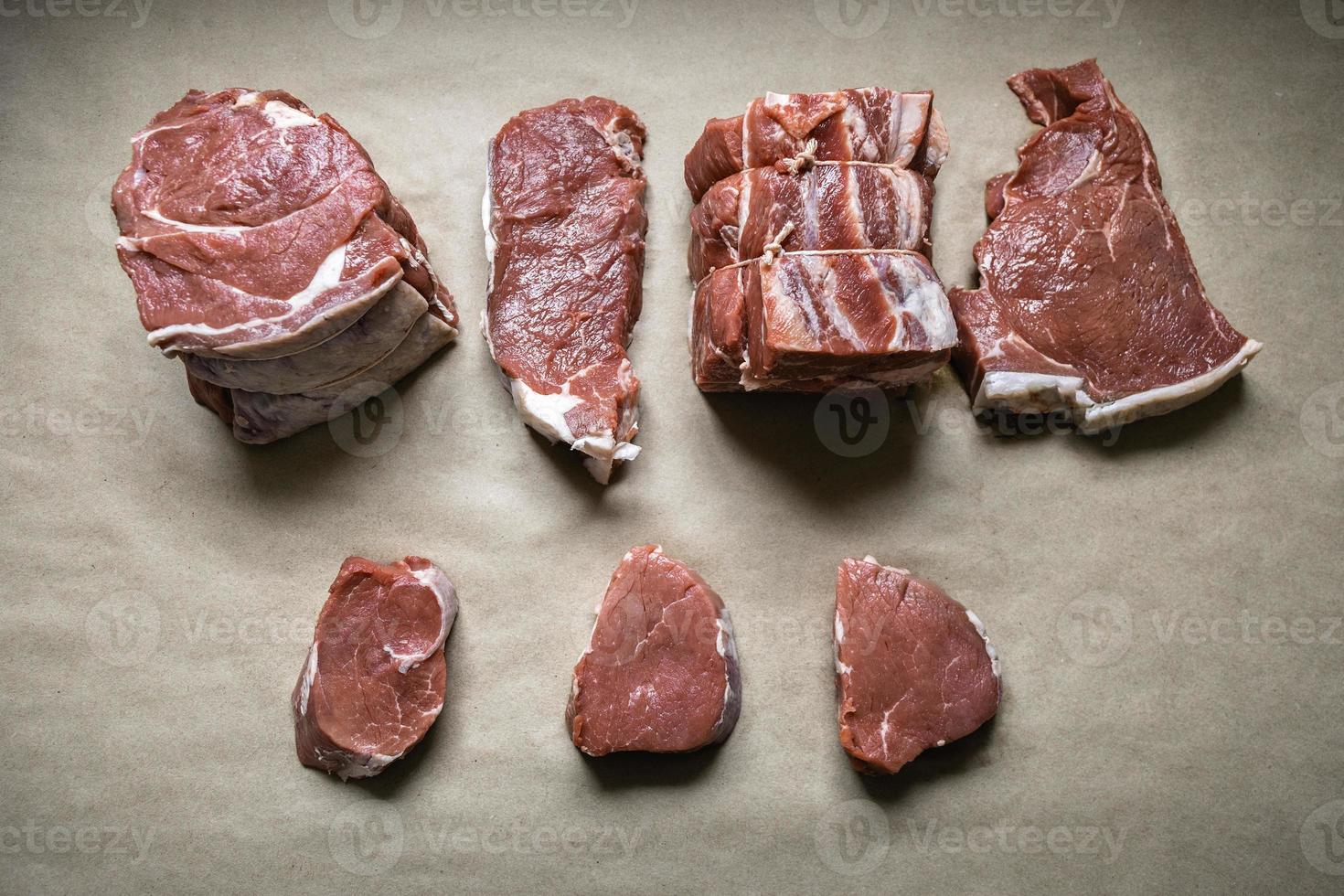 Steak meat. Beef. High-quality beef taken from the hindquarters of the animal, typically cut into thick slices that are cooked by boiling or frying. photo