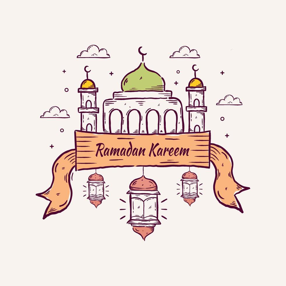 Ramadan Kareem Illustration With Mosque And Lantern Concept. Hand Drawn Sketch Style vector