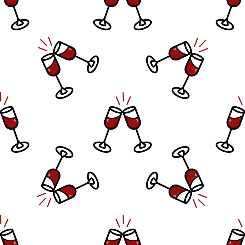 Two glasses of red wine on a white background. Simple seamless pattern in outline style. Vector background. Design of a wine cart, packaging paper, wallpaper.