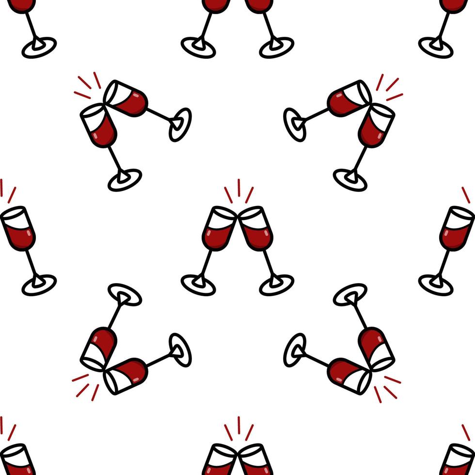 dos copas de vino tinto sobre un fondo blanco. simple patrón sin costuras en el estilo de esquema. fondo vectorial diseño de un carrito de vinos, papel de embalaje, papel tapiz. vector