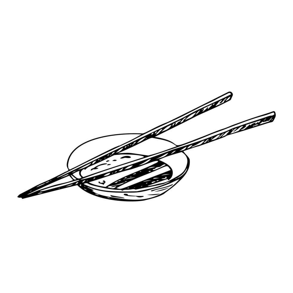Hand drawn bowl and chopsticks isolated on white background. Black outline. Doodle outline vector illustration for restaurant, cafe and your design menu. Vector illustration.
