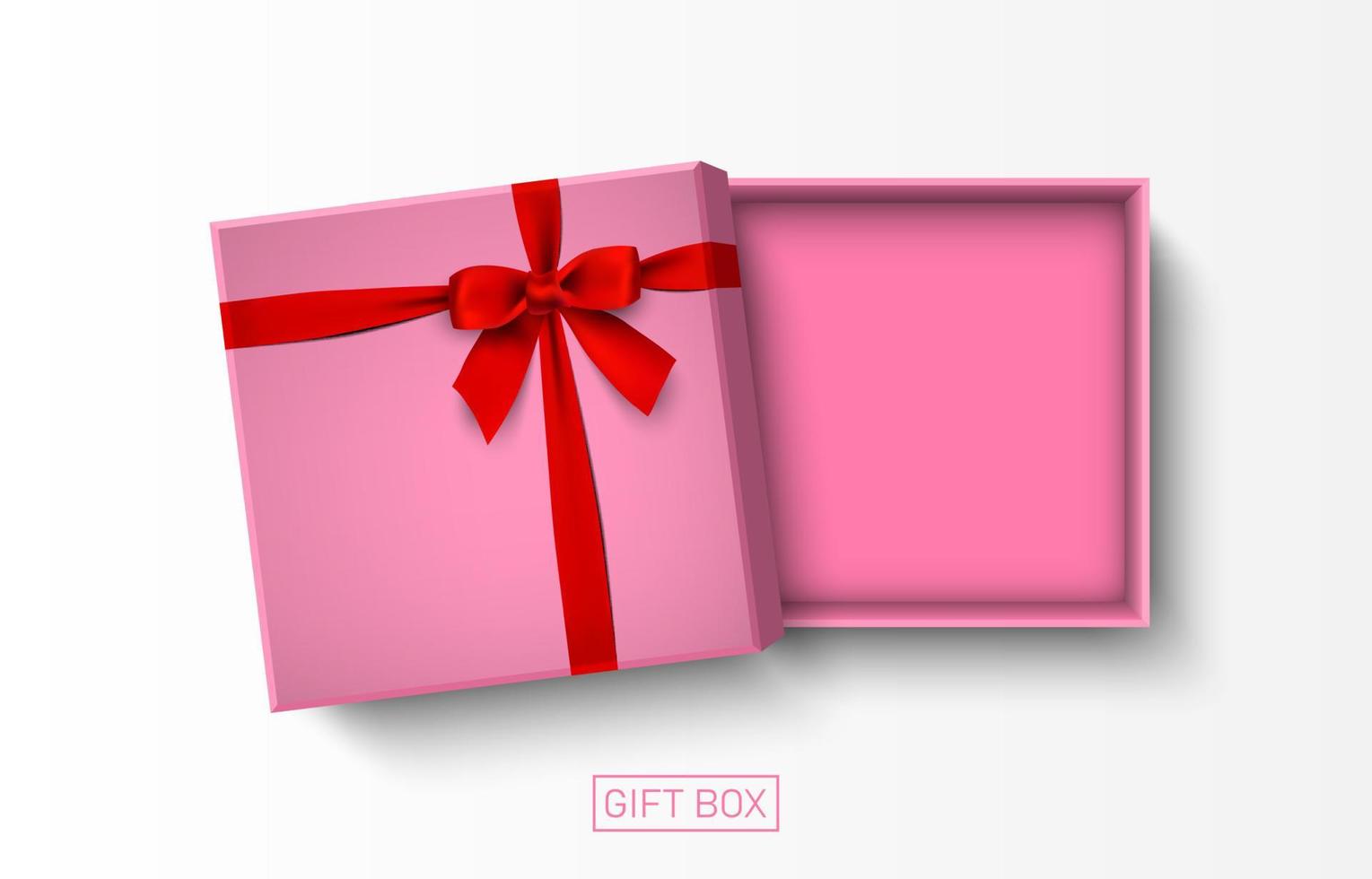 Opened pink gift box with red bow isolated on white background, vector illustration