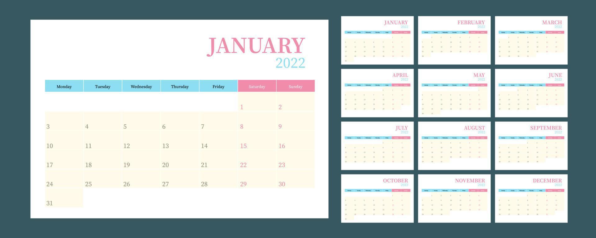 2022 year monthly calendar Starts on Monday weekly vector