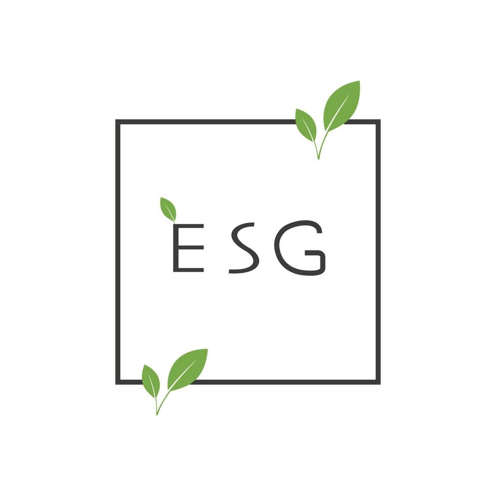 ESG in frame with green leaves. Environment, social, governance vector icon