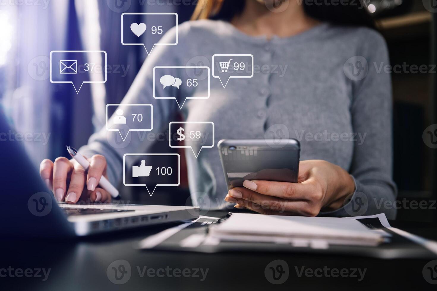 Social media and Marketing virtual icons screen concept.close up of businesswoman typing keyboard with laptop computer photo