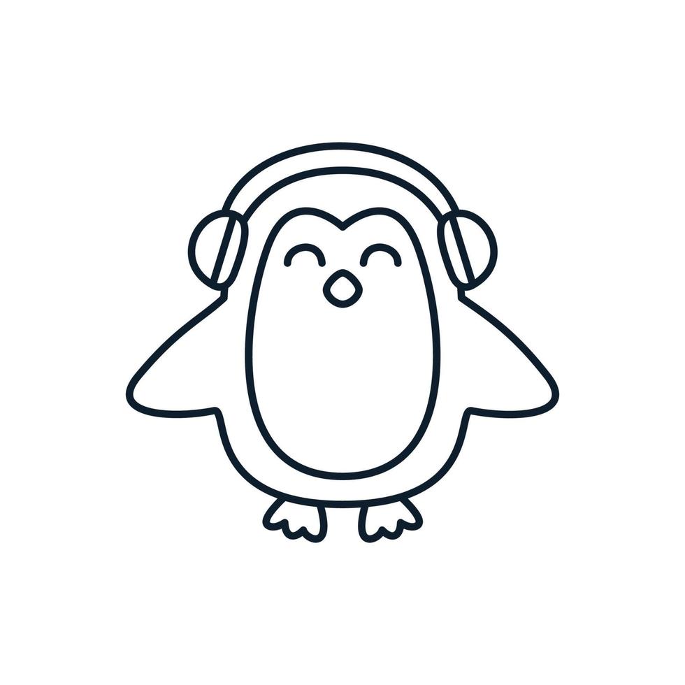 línea de pingüinos con auriculares música lindo dibujo animado logo icono ilustración vector