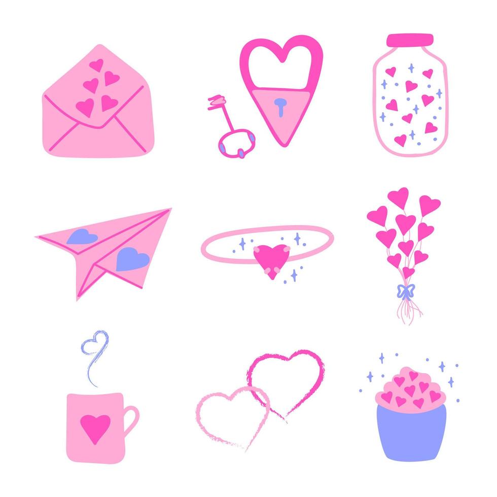 A set of romantic clipart for designing projects, postcards, creating patterns, banners vector