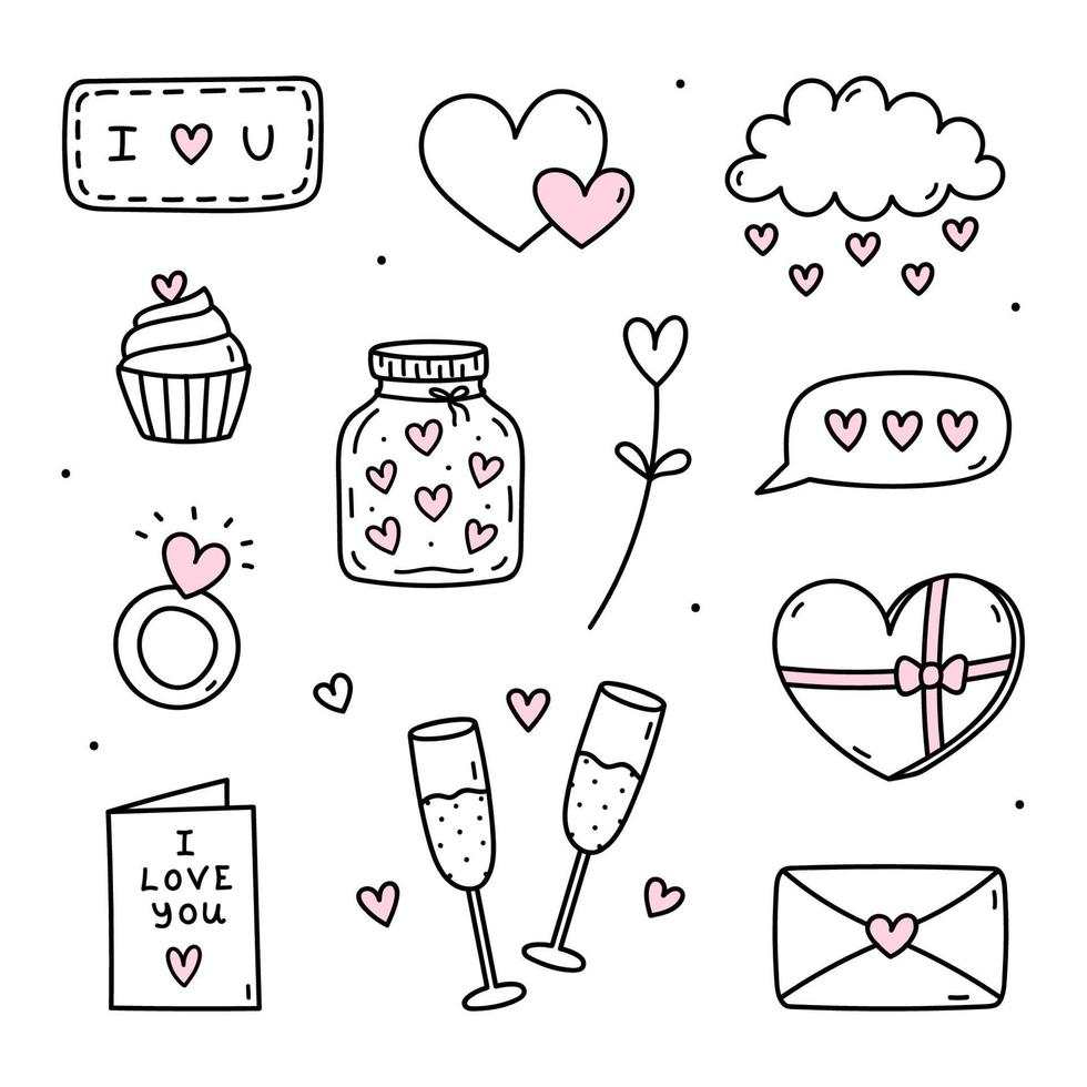 lindo conjunto de garabatos para el día de san valentín: copas de champán, tarjetas de amor, sobres, frasco con corazones y otros. ilustración vectorial dibujada a mano. perfecto para diseños de vacaciones, pegatinas, decoración. vector