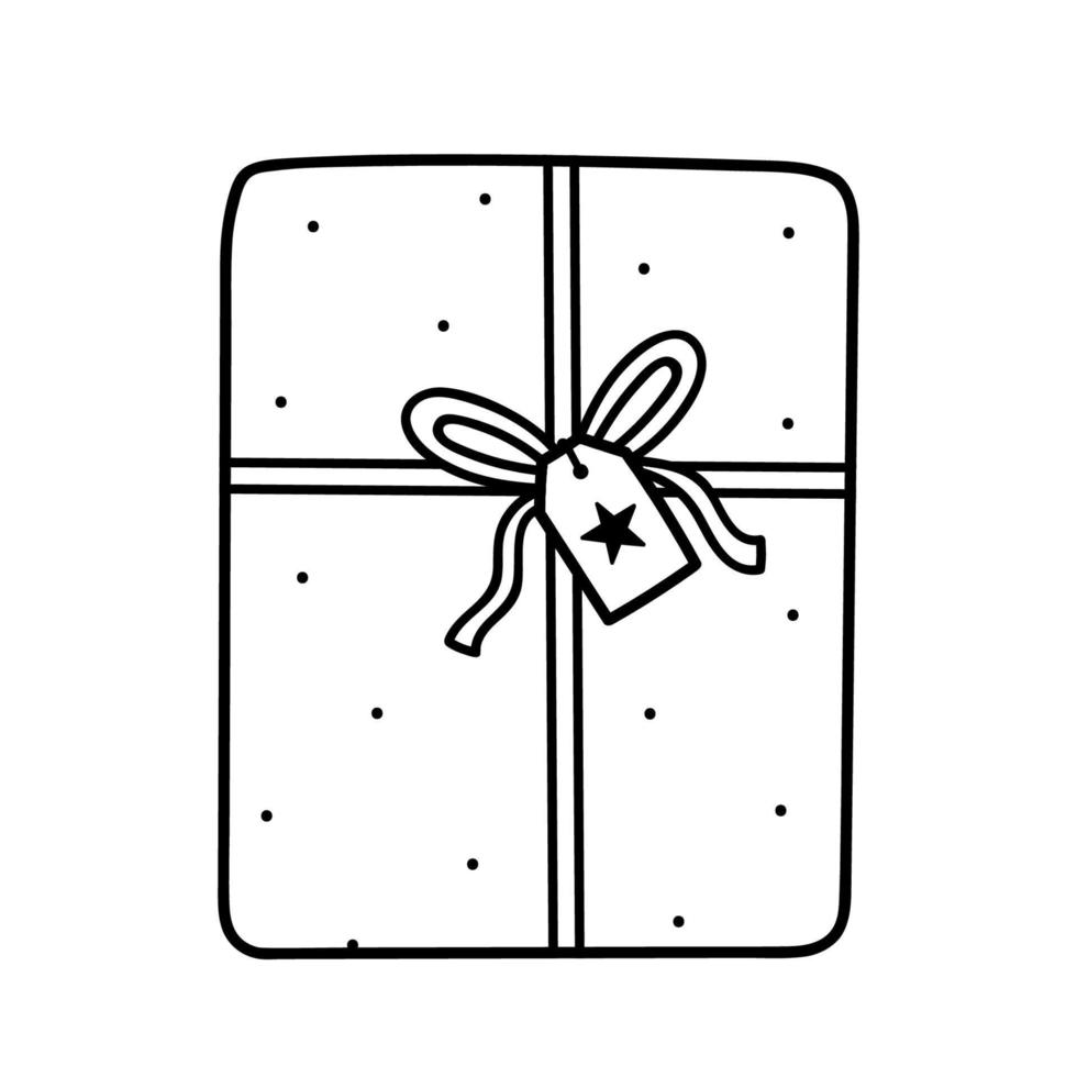 Cute wrapped gift with a bow and a label isolated on white background. Vector hand-drawn illustration in doodle style. Perfect for holiday and birthday designs, cards, decorations, logo.