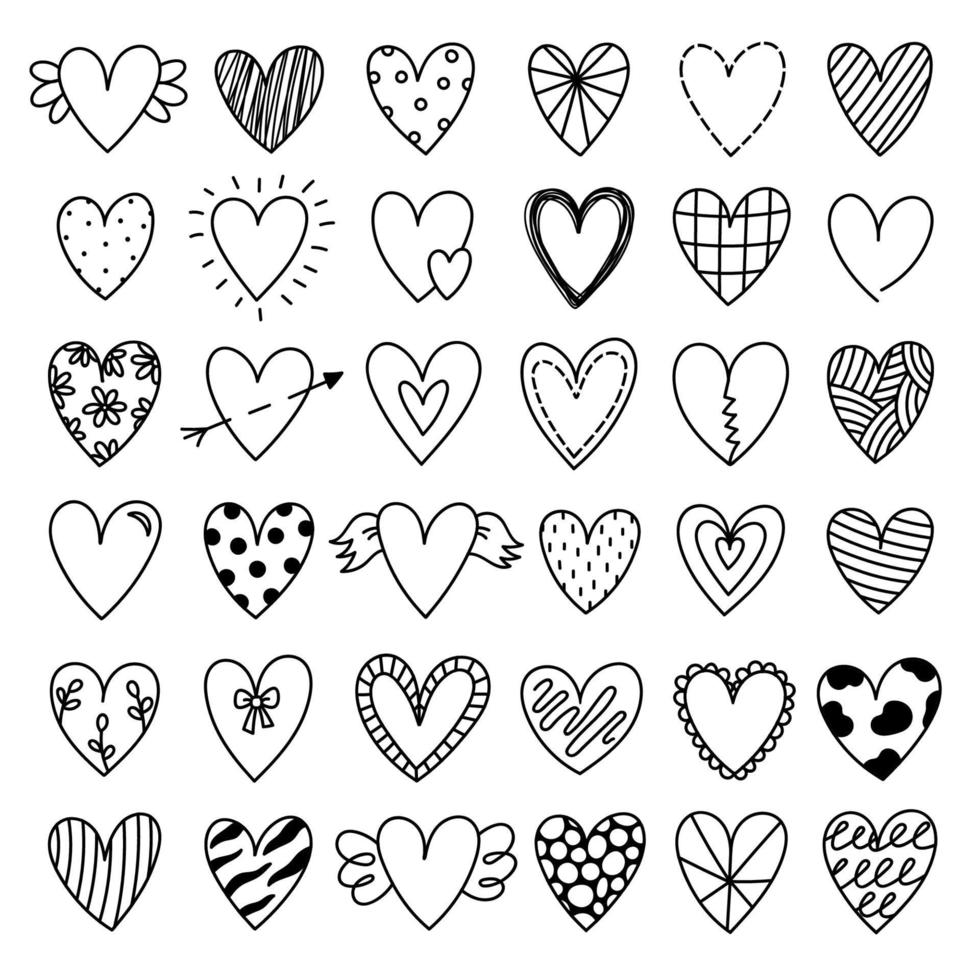 conjunto de corazones de doodle lindo para el día de San Valentín aislado sobre fondo blanco. vector dibujado a mano ilustración. perfecto para diseños navideños, tarjetas, invitaciones, decoraciones. colección de imágenes prediseñadas románticas.