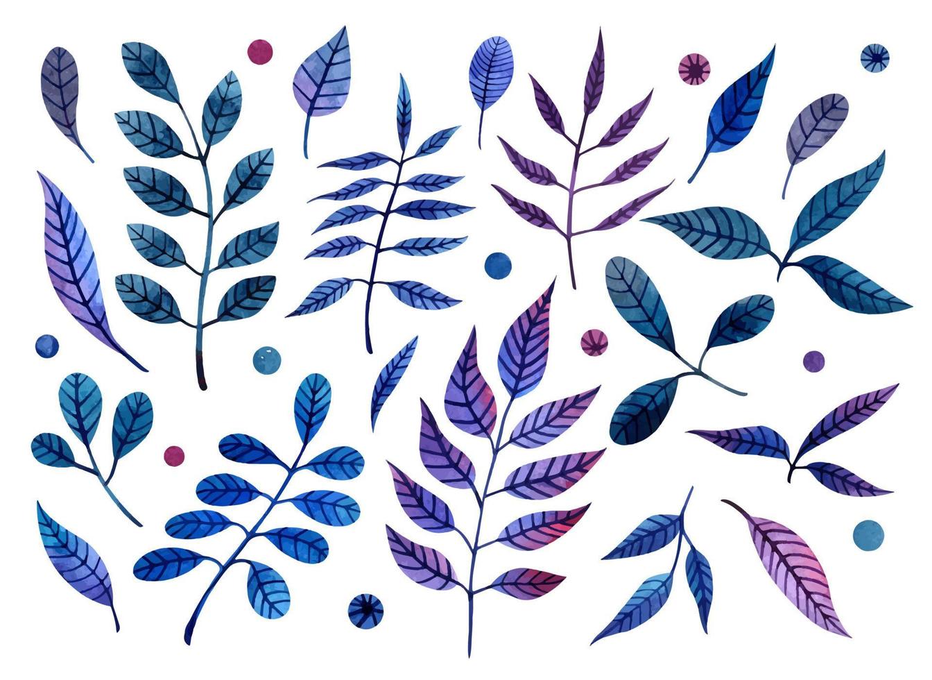 Watercolor set with hand-drawn colored leaves and branches vector