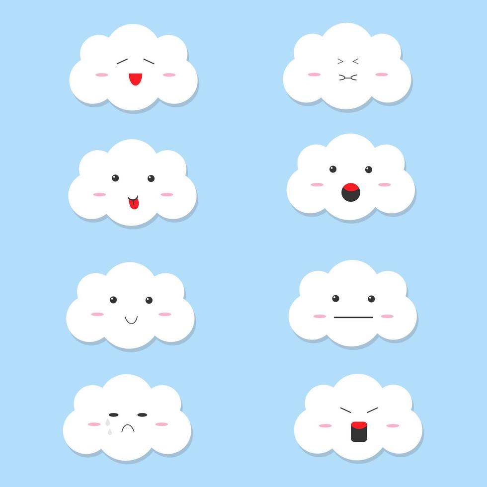 conjunto de caricaturas en la nube lindas o kawaii como sonrisa, llanto, felicidad, tristeza, enojo y relajación en el fondo azul. vector