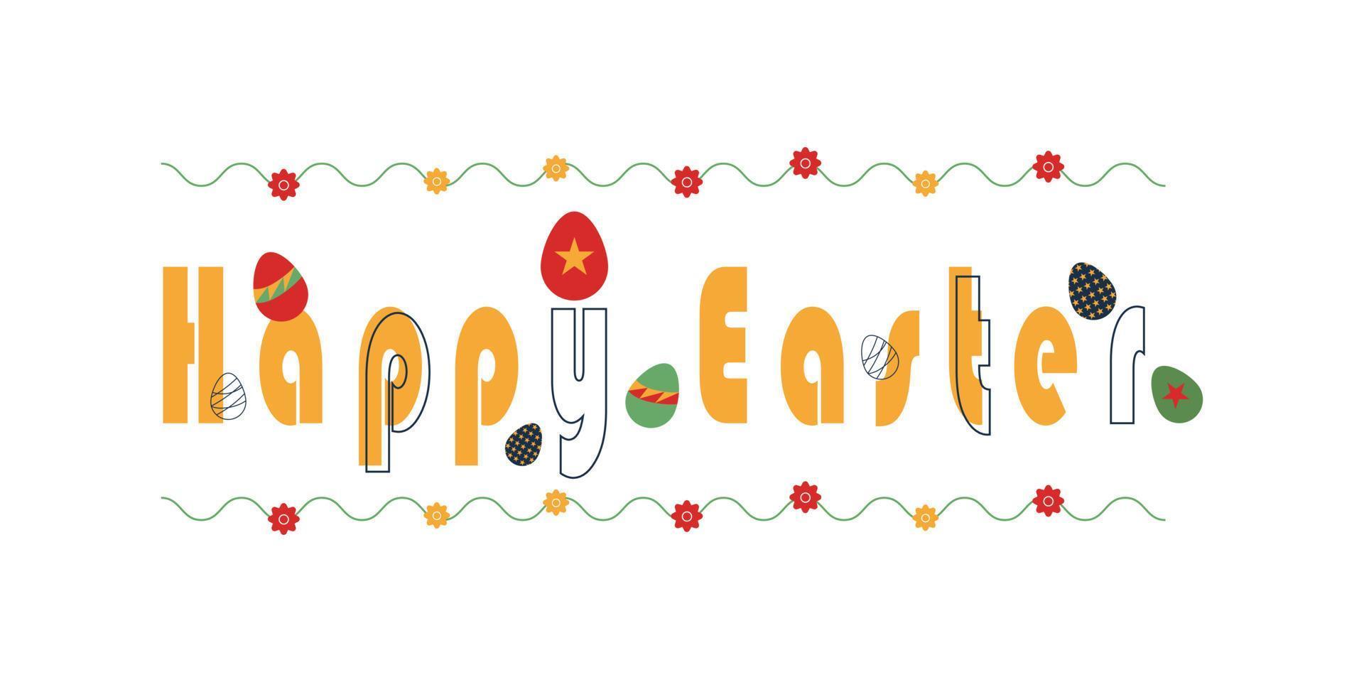 la letra o palabra del feliz día de pascua con los huevos de pascua y flores para presentación, banner web, artículo, tarjeta de felicitación aislada en fondo blanco. vector