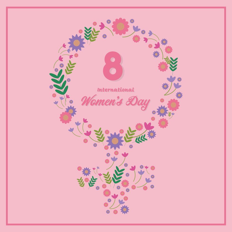 International Women's Day concept. Female symbol decorated with flowers and leaves and 8 numbers on a pink background. Equality, female strength, independence of thought and action. Flat design. vector