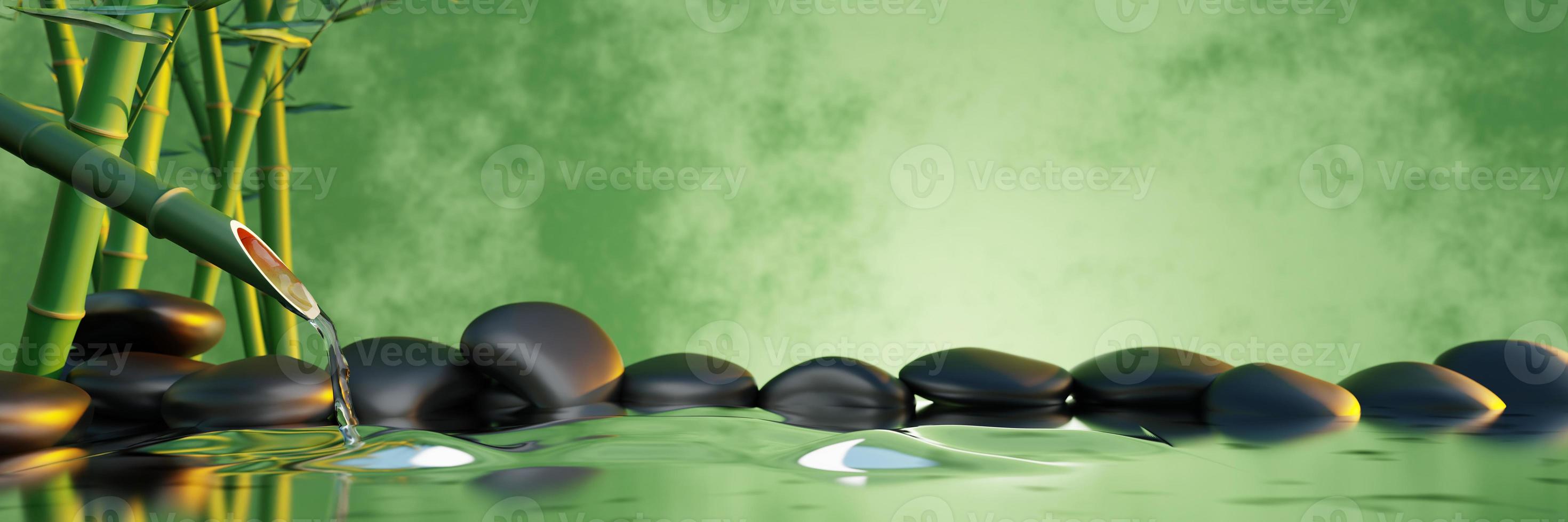 Clearwater flows out of bamboo sections. The shiny black stones overlap. The background is green and yellow waves like water waves. Spa style images. 3D Rendering photo