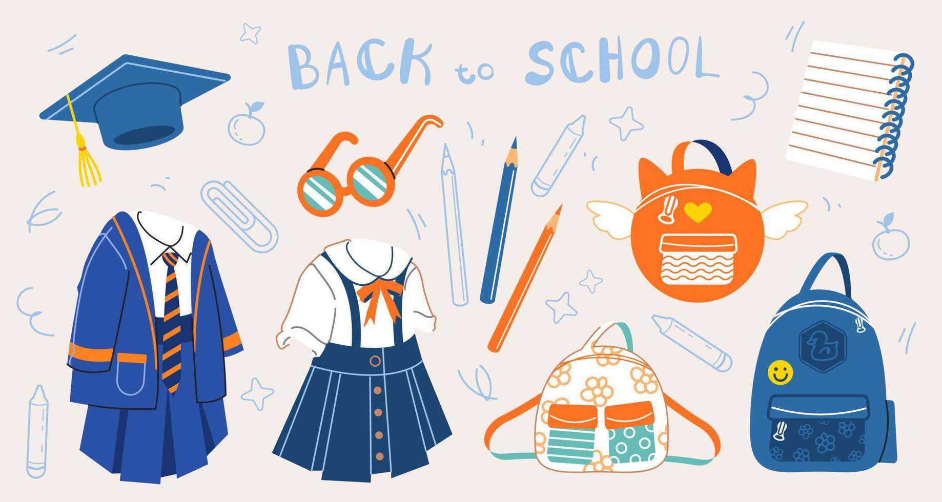 School outfit. Childrens graphic elements and icons in cartoon style. Cute vector illustrations of uniform, backpack, notebook, clothes, glasses and more. Back to school, going to school concept