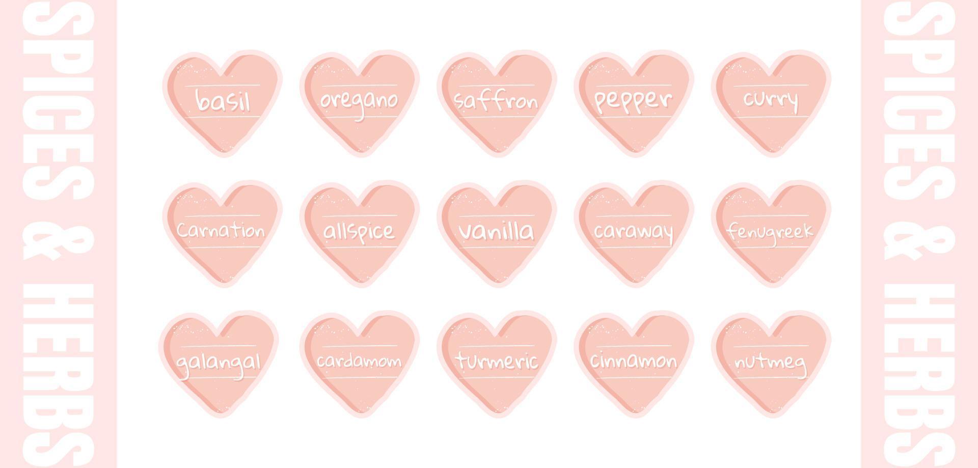 Spices and herbs stickers or food labels for marking kitchen jars, containers, packages and more. Collection of cute colorful heart shaped frames. Vector illustration