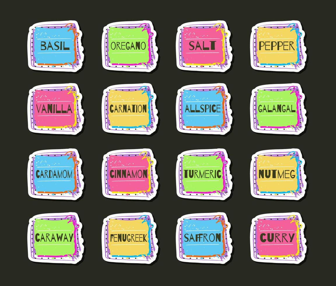 Spices and herbs stickers or food labels for marking kitchen jars, containers, packages and more. Collection of cute creative colorful frames. Vector illustration