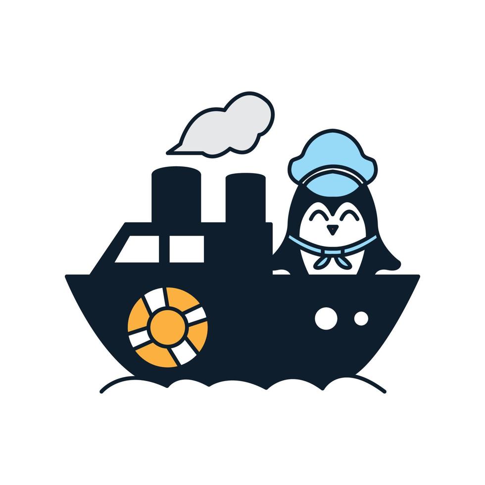 animal bird penguin as sailor with  ship cute cartoon illustration vector