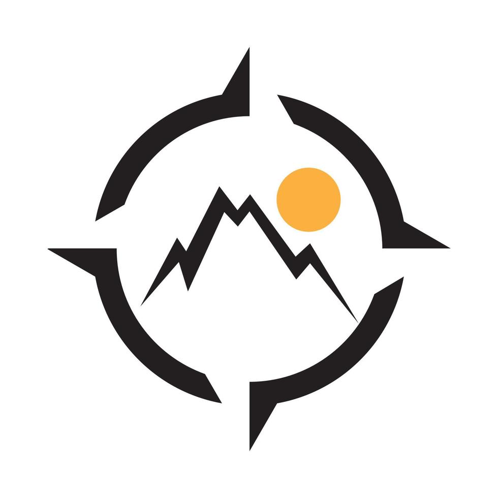 brújula con montaña y puesta de sol logotipo símbolo icono vector gráfico diseño ilustración idea creativa