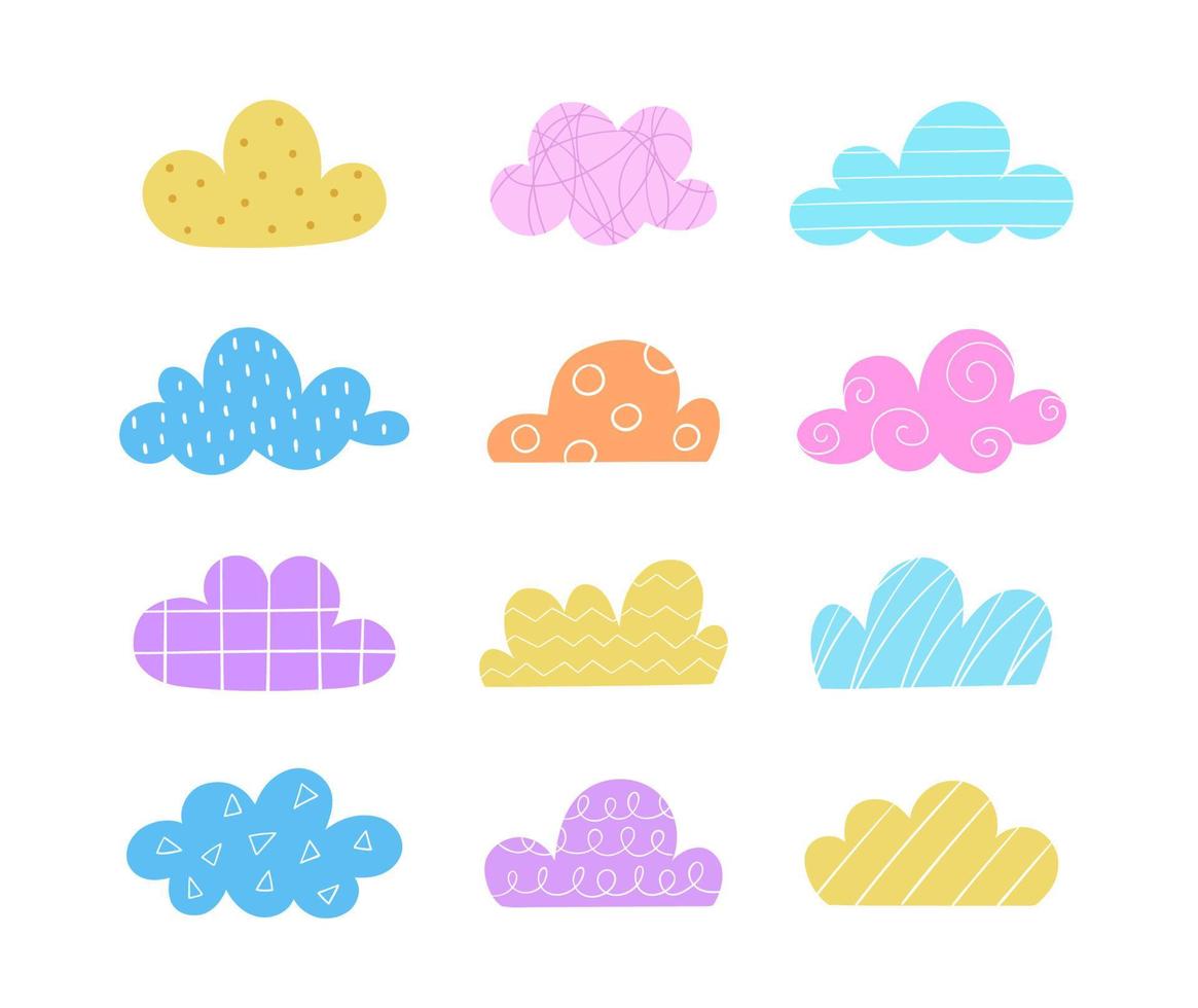 nubes de colores dibujadas a mano. conjunto de nubes decorativas ilustración plana. vector