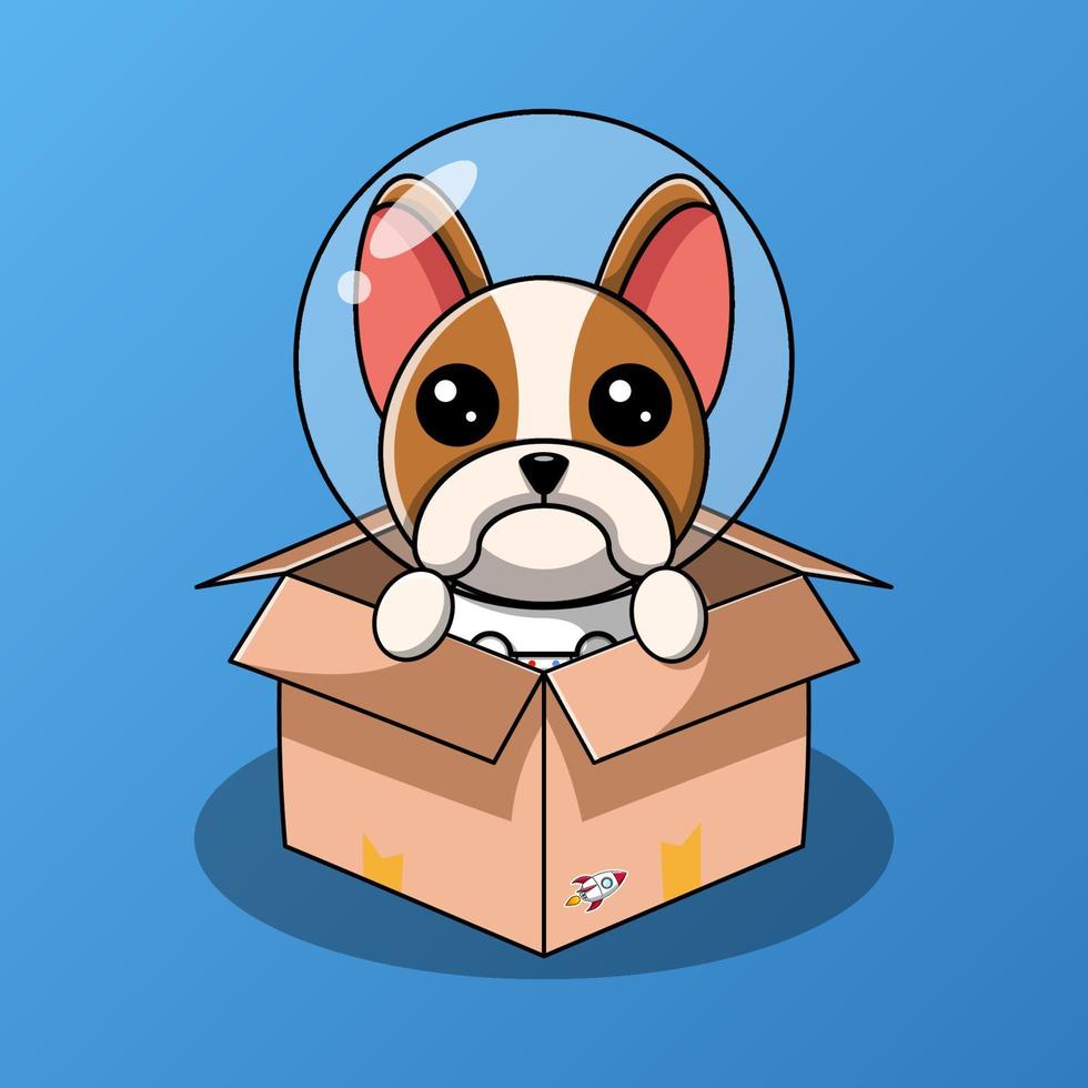 Cute boston terrier dog astronaut in a cardboard box vector illustration