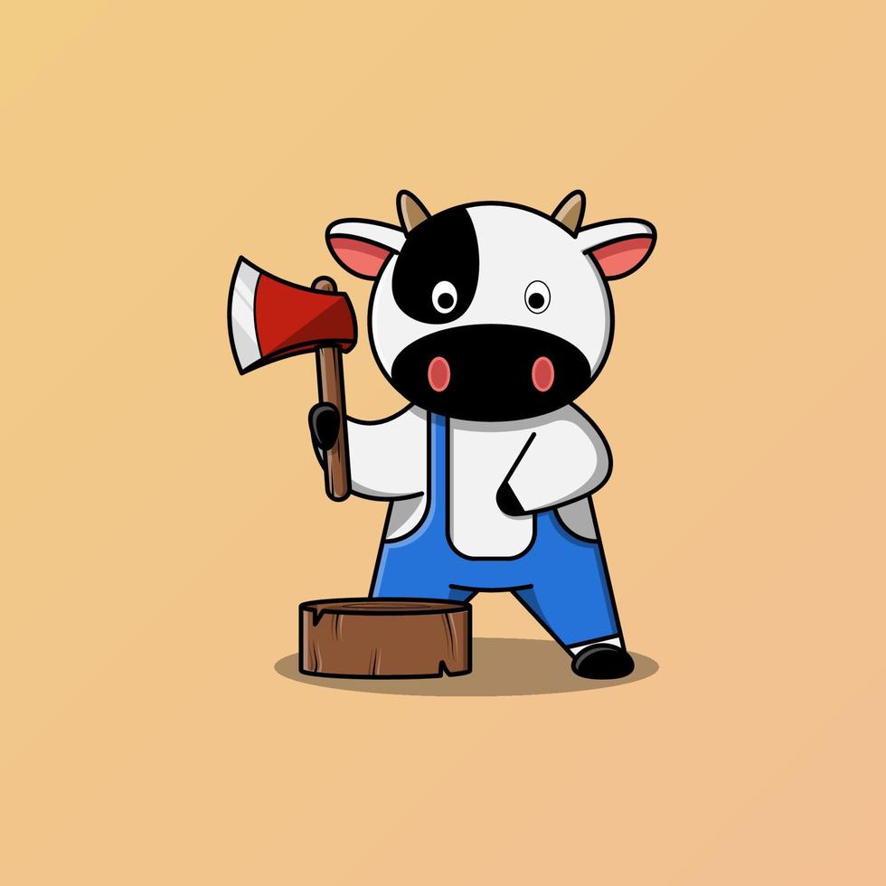 Cute lumberjack cow holding ax vector illustration
