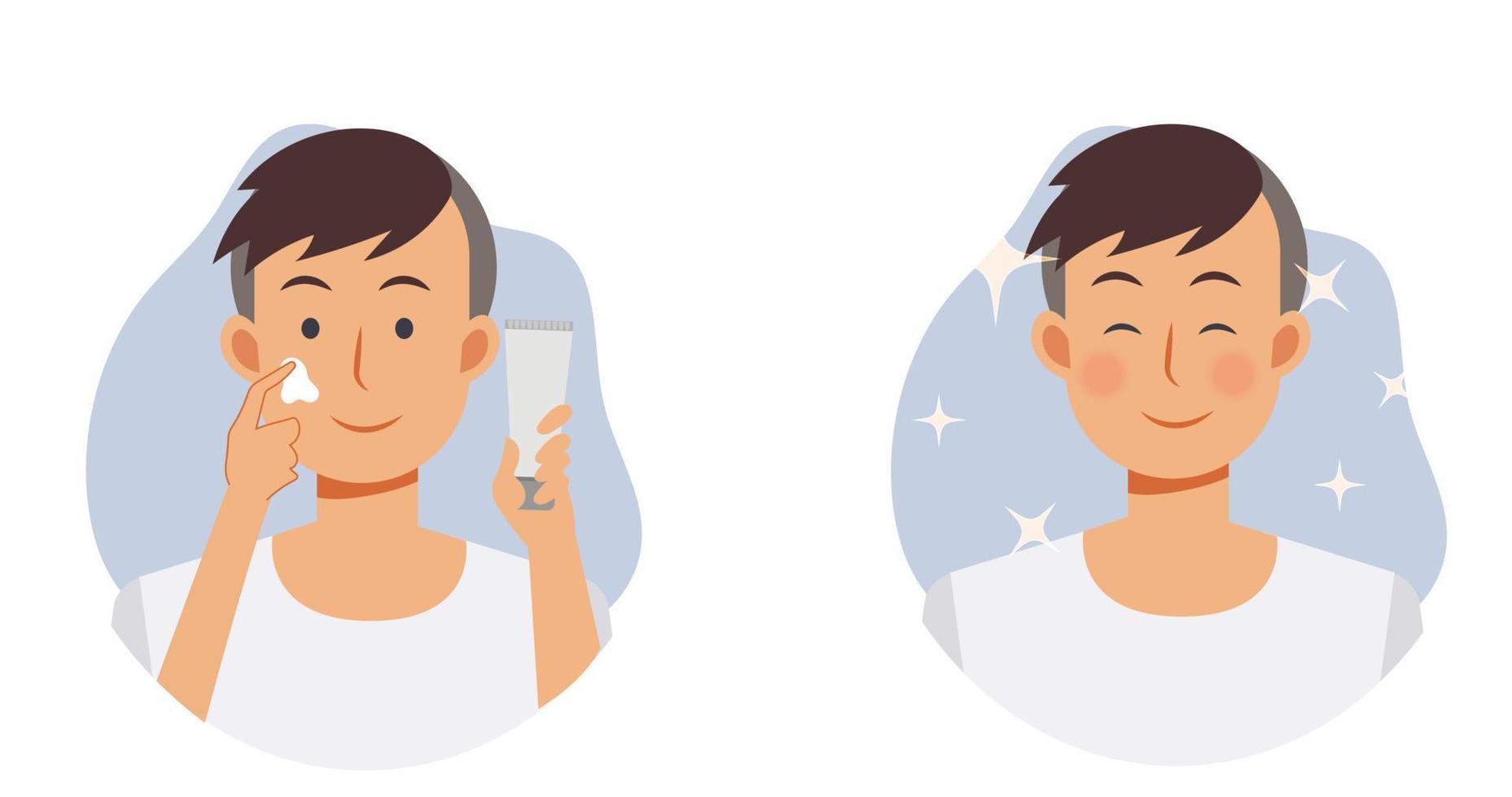 concepto de cuidado de la piel. tratamiento facial. un hombre está usando crema en la cara, antes de después. ilustración vectorial plana vector