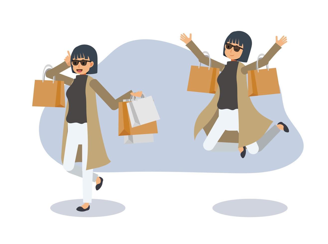 una mujer está feliz con el concepto de compras. compras, venta. ilustración de personaje de dibujos animados de vector plano.